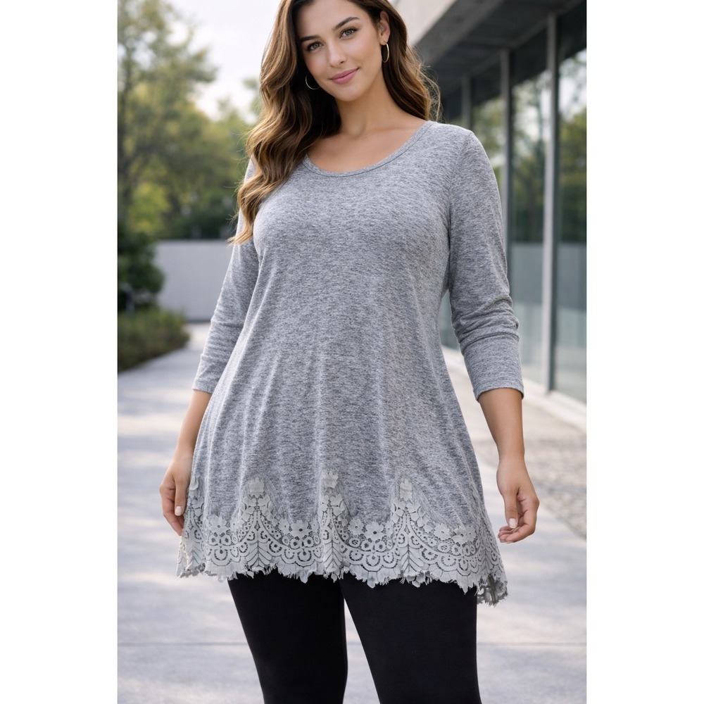 Seven7 Women's 1X Lace Hem Tunic Top Gray Boho Flowy Stretch Comfy Casual Wear